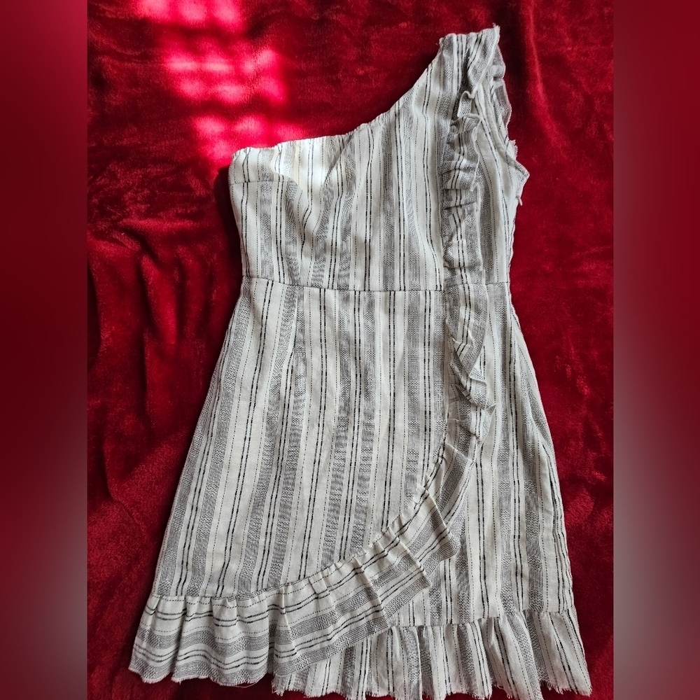 Line & Dot Edna One Shoulder Mini Dress-White with Black Stripes-Size Small